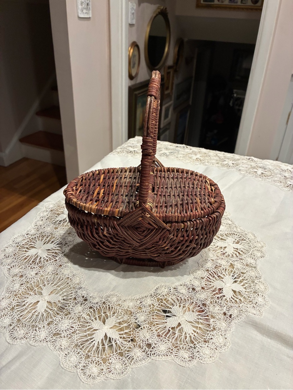 Antique Wicker Melon Basket Double Lid Handwoven Brown Wicker
